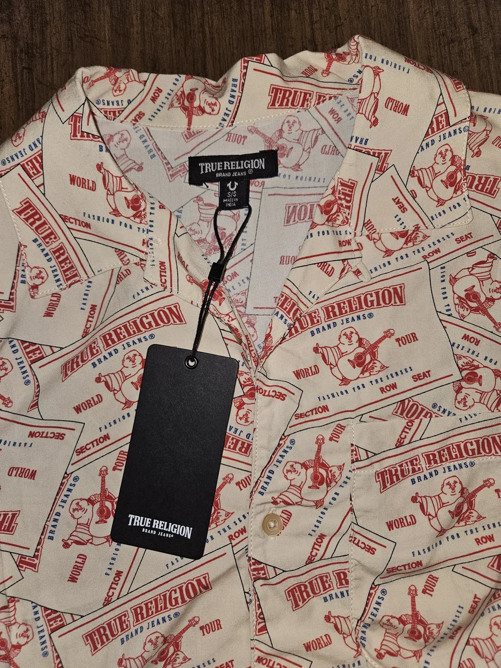 True Religion Cream and Red Logo-Print Short Sleeve Button-Down